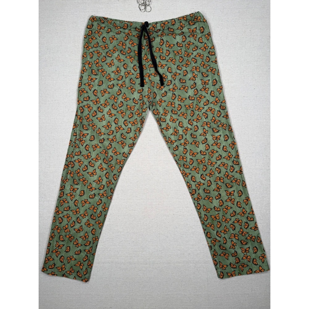 Handmade Monarch Butterfly Print Pajama Pants Green Drawstring Lounge Trousers